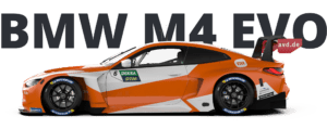 Der BMW M4 EVO in Orange und Weiß zeigt sich als tief gelegter Rennwagen mit DTM-Beklebung, Michelin-Reifen und großem Heckflügel.