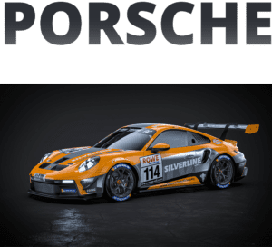 Der orange-schwarze Porsche GT3 zeigt die Startnummer 114 und Sponsorenlogos wie ROWE und SILVERLINE auf der Karosserie.