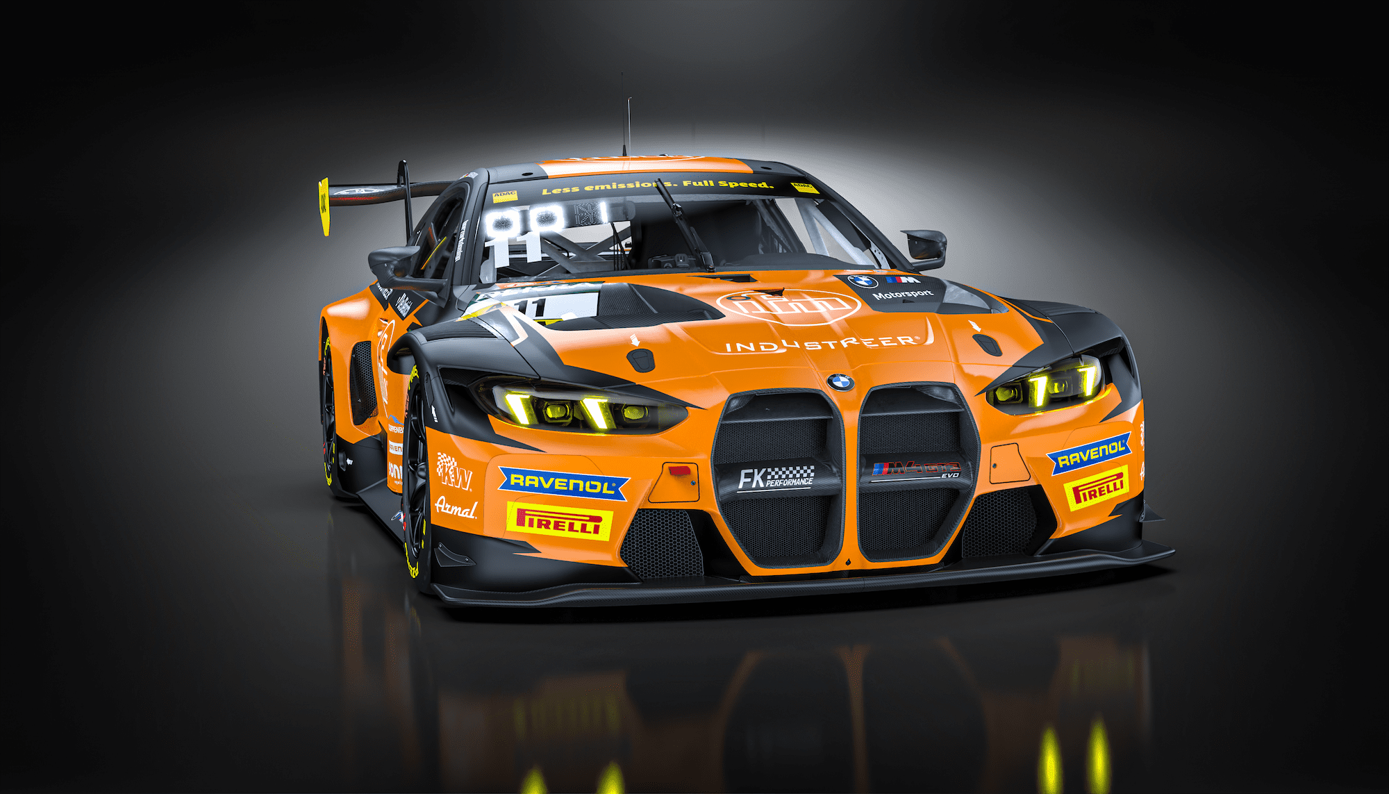 Frontansicht des orange-schwarzen BMW M4 GT3 von FK Performance Motorsport, ADAC GT Masters 2026.